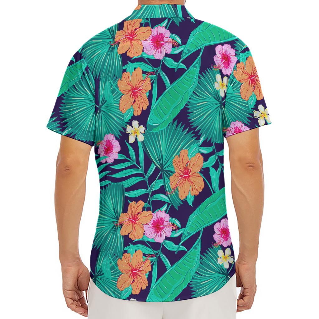 Teal Hawaiian Leaf Flower Pattern Print Men's Deep V-Neck Shirt