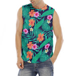 Teal Hawaiian Leaf Flower Pattern Print Men's Fitness Tank Top
