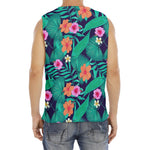 Teal Hawaiian Leaf Flower Pattern Print Men's Fitness Tank Top