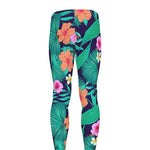 Teal Hawaiian Leaf Flower Pattern Print Men's leggings