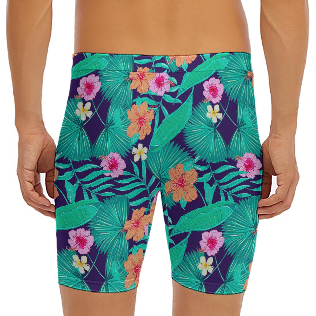 Teal Hawaiian Leaf Flower Pattern Print Men's Long Boxer Briefs