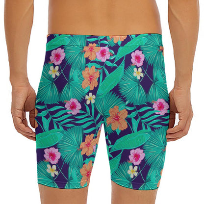 Teal Hawaiian Leaf Flower Pattern Print Men's Long Boxer Briefs