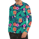 Teal Hawaiian Leaf Flower Pattern Print Men's Long Sleeve Rash Guard