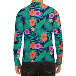 Teal Hawaiian Leaf Flower Pattern Print Men's Long Sleeve Rash Guard