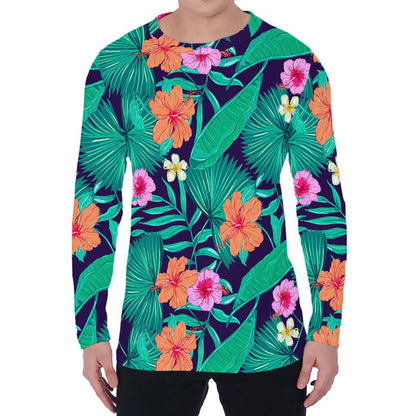 Teal Hawaiian Leaf Flower Pattern Print Men's Long Sleeve T-Shirt