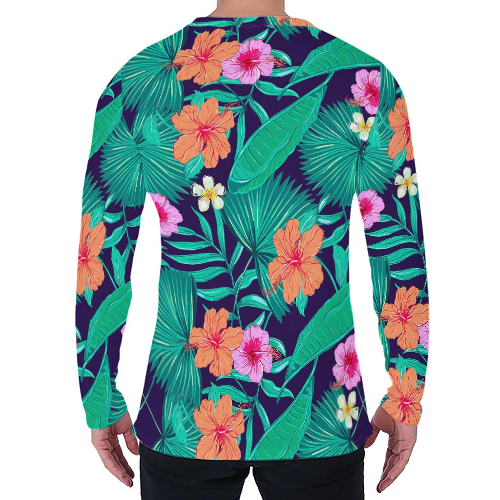Teal Hawaiian Leaf Flower Pattern Print Men's Long Sleeve T-Shirt