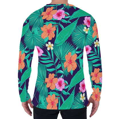 Teal Hawaiian Leaf Flower Pattern Print Men's Long Sleeve T-Shirt