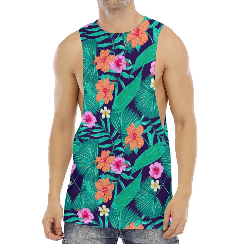Teal Hawaiian Leaf Flower Pattern Print Men's Muscle Tank Top