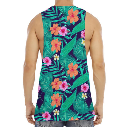 Teal Hawaiian Leaf Flower Pattern Print Men's Muscle Tank Top