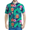 Teal Hawaiian Leaf Flower Pattern Print Men's Polo Shirt
