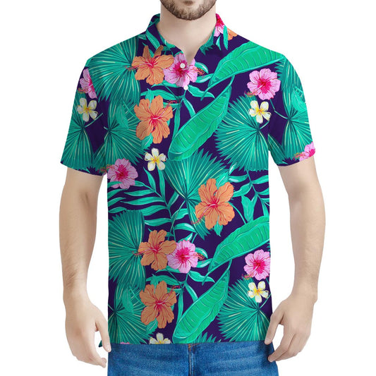 Teal Hawaiian Leaf Flower Pattern Print Men's Polo Shirt