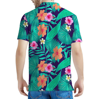 Teal Hawaiian Leaf Flower Pattern Print Men's Polo Shirt