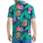 Teal Hawaiian Leaf Flower Pattern Print Men's Polo Shirt