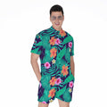 Teal Hawaiian Leaf Flower Pattern Print Men's Romper