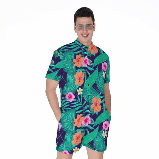 Teal Hawaiian Leaf Flower Pattern Print Men's Rompers