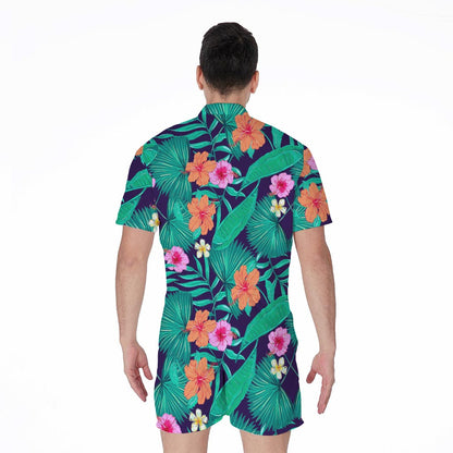 Teal Hawaiian Leaf Flower Pattern Print Men's Rompers