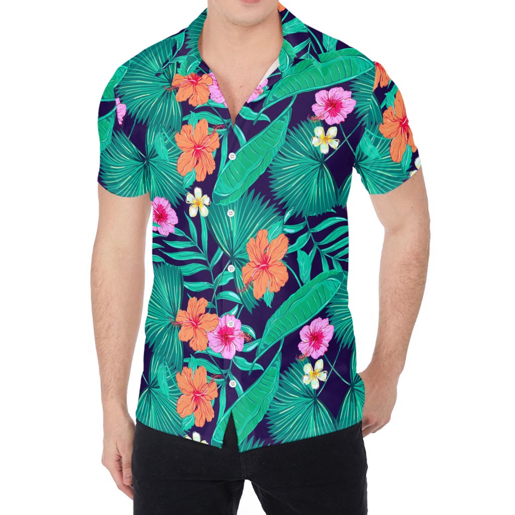 Teal Hawaiian Leaf Flower Pattern Print Men's Shirt