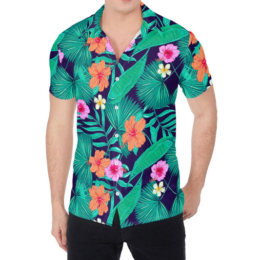 Teal Hawaiian Leaf Flower Pattern Print Men's Shirt