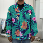 Teal Hawaiian Leaf Flower Pattern Print Men's Shirt Jacket