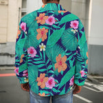 Teal Hawaiian Leaf Flower Pattern Print Men's Shirt Jacket