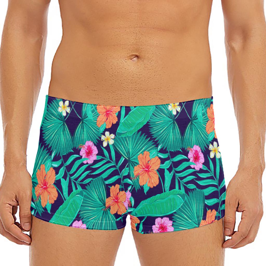 Teal Hawaiian Leaf Flower Pattern Print Men's Short Boxer Briefs