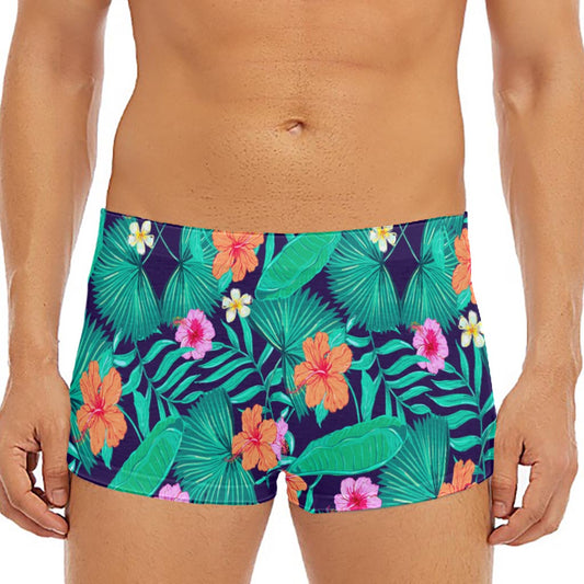 Teal Hawaiian Leaf Flower Pattern Print Men's Short Boxer Briefs