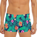 Teal Hawaiian Leaf Flower Pattern Print Men's Short Boxer Briefs