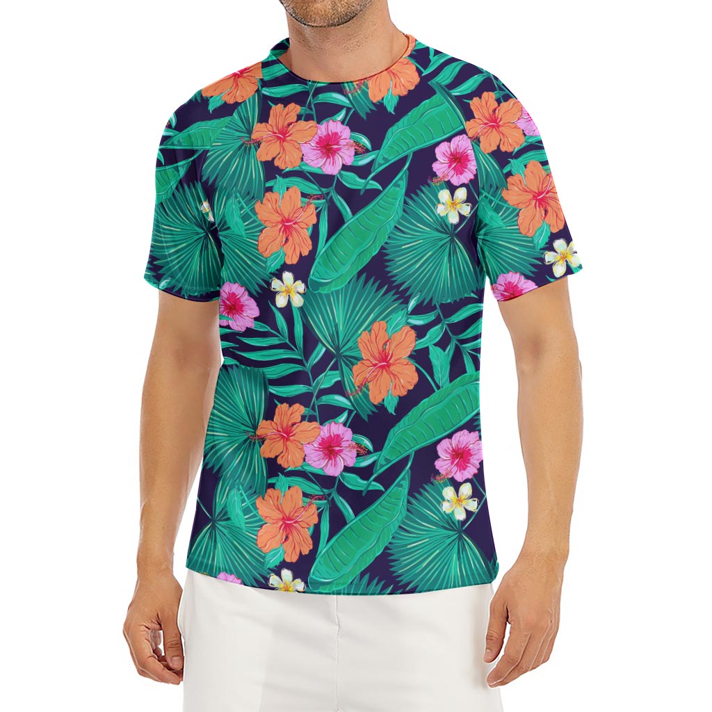Teal Hawaiian Leaf Flower Pattern Print Men's Short Sleeve Rash Guard