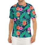 Teal Hawaiian Leaf Flower Pattern Print Men's Short Sleeve Rash Guard