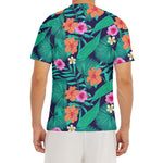 Teal Hawaiian Leaf Flower Pattern Print Men's Short Sleeve Rash Guard