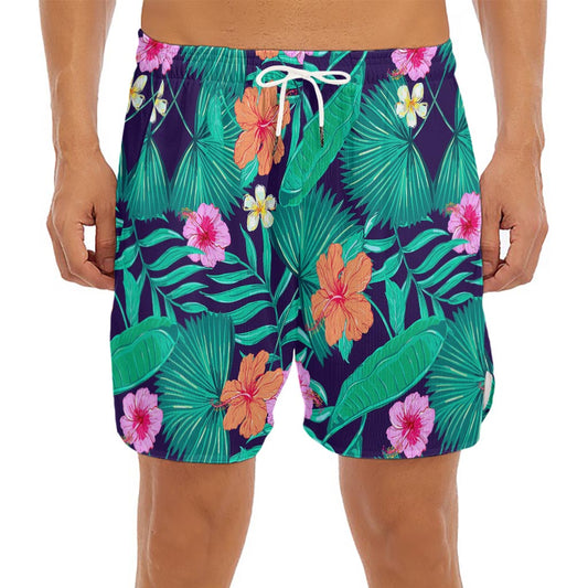 Teal Hawaiian Leaf Flower Pattern Print Men's Split Running Shorts