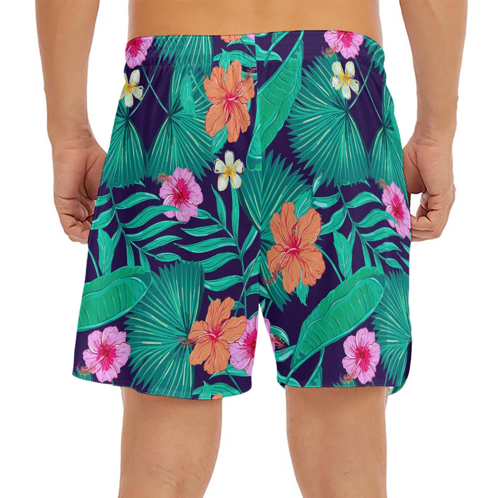 Teal Hawaiian Leaf Flower Pattern Print Men's Split Running Shorts