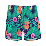 Teal Hawaiian Leaf Flower Pattern Print Men's Sports Shorts