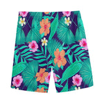 Teal Hawaiian Leaf Flower Pattern Print Men's Sports Shorts