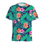 Teal Hawaiian Leaf Flower Pattern Print Men's Sports T-Shirt