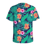 Teal Hawaiian Leaf Flower Pattern Print Men's Sports T-Shirt