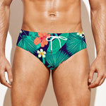 Teal Hawaiian Leaf Flower Pattern Print Men's Swim Briefs