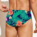 Teal Hawaiian Leaf Flower Pattern Print Men's Swim Briefs