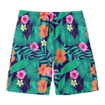 Teal Hawaiian Leaf Flower Pattern Print Men's Swim Trunks