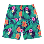 Teal Hawaiian Leaf Flower Pattern Print Men's Swim Trunks