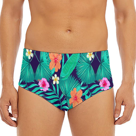 Teal Hawaiian Leaf Flower Pattern Print Men's Triangle Swim Briefs