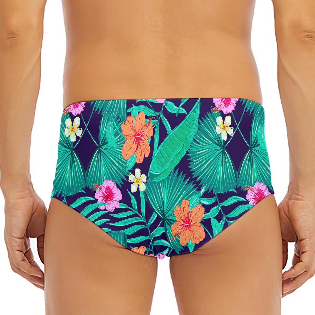 Teal Hawaiian Leaf Flower Pattern Print Men's Triangle Swim Briefs