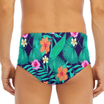 Teal Hawaiian Leaf Flower Pattern Print Men's Triangle Swim Briefs