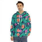 Teal Hawaiian Leaf Flower Pattern Print Men's Velvet Pullover Hoodie