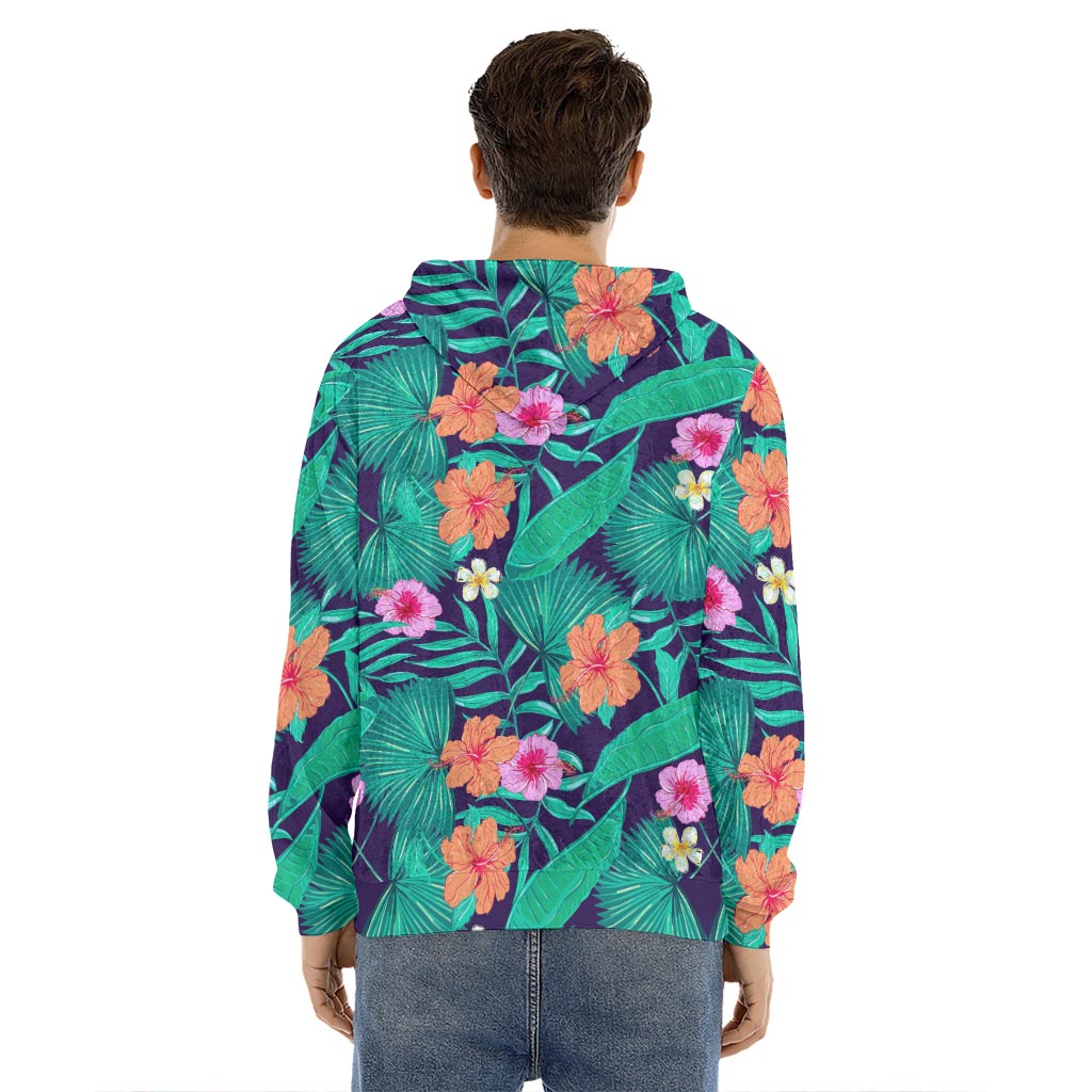 Teal Hawaiian Leaf Flower Pattern Print Men's Velvet Pullover Hoodie