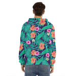 Teal Hawaiian Leaf Flower Pattern Print Men's Velvet Pullover Hoodie