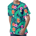 Teal Hawaiian Leaf Flower Pattern Print Men's Velvet T-Shirt