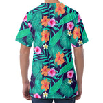 Teal Hawaiian Leaf Flower Pattern Print Men's Velvet T-Shirt
