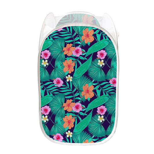 Teal Hawaiian Leaf Flower Pattern Print Mesh Laundry Hamper