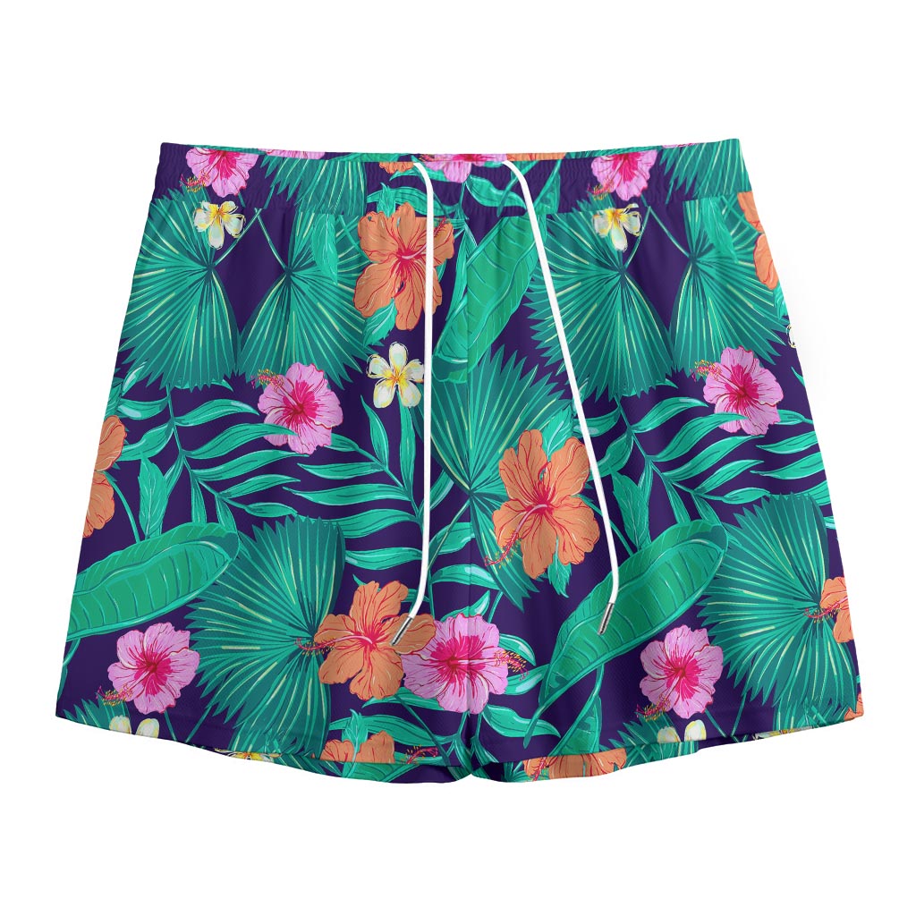 Teal Hawaiian Leaf Flower Pattern Print Mesh Shorts